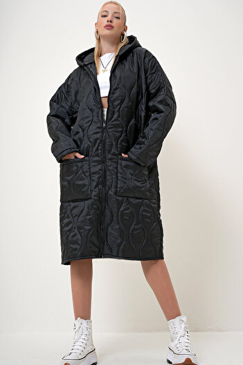 VAGGON Black Puffer Hooded Long Coat - Double Pockets, Zippered Prm1106