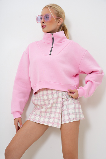 VAGGON Women's Pink Half Zipper Three Thread Raised Crop Sweatshirt Prm1051