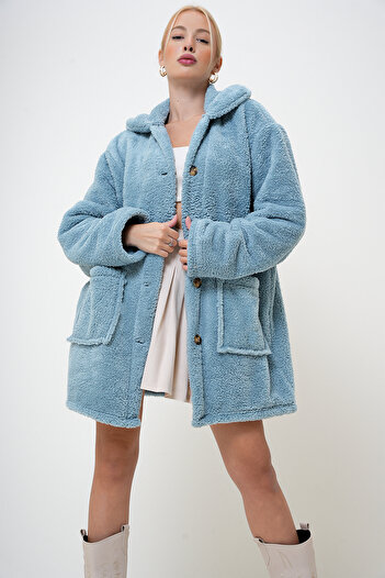 VAGGON Women's Mint Double Pocket Buttoned Front Oversize Plush Jacket Prm1104