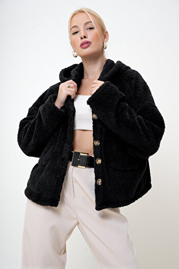 VAGGON Women's Black Hooded Double Pocket Plush Coat Prm1101