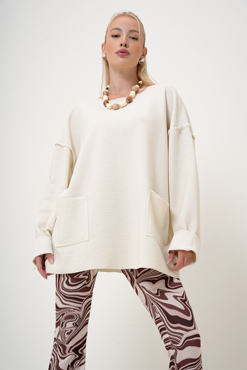 VAGGON Women's Cream Crew Neck Double Pocket Ribbed Oversize Sweatshirt Prm1097