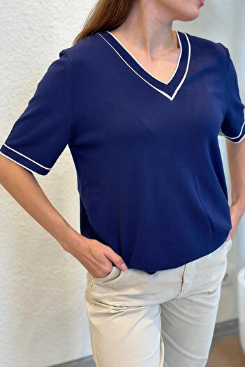 novon Premium Contrast V-Neck Short Sleeve Mercerized Knitwear (Size Range of 34 - 44)