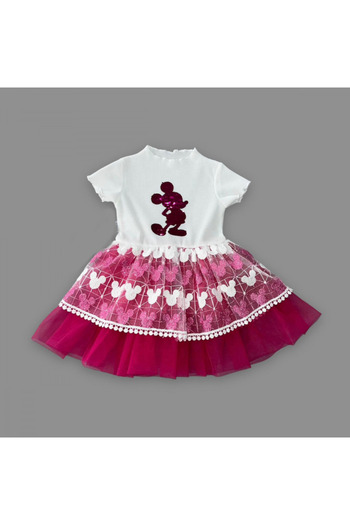 Kef 1-2-3 Years Old Sequined Mickey Printed Baby Girl Dress with Embroidered Skirt - Age 3