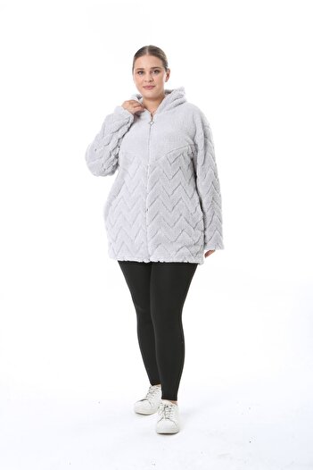 xlargebutik Plus Size Clothing Gray Side Pocket Long Sleeve Plush Fleece Stretchy Warm Cardigan