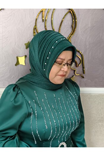 NurAy Turban instant cu detaliu de piatră verde smarald argintiu, voal instant