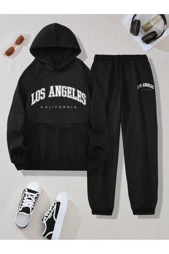 Mythologie Φούτερ Los Angeles Sweatshirt Jogger - Μαύρο σετ φούτερ με κουκούλα με στάμπα στο κάτω μέρος