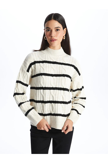 LC Waikiki Lcw Vision Ecru Half Turtleneck Striped Long Sleeve Women's Knitwear Sweater