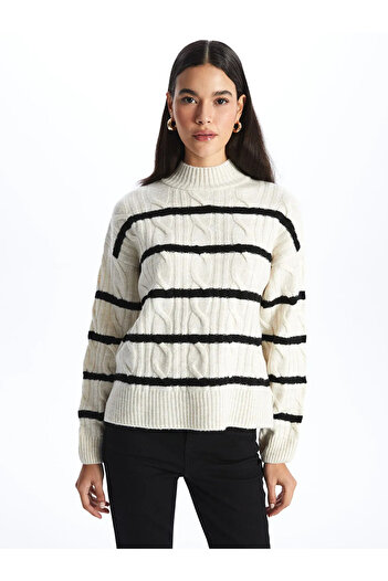 LC Waikiki Lcw Vision Ecru Half Turtleneck Striped Long Sleeve Women's Knitwear Sweater