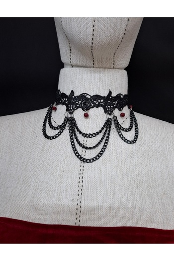 Qrsln Zeta2 - Black Jewelled Neck Collar with Lace Detail and Chain