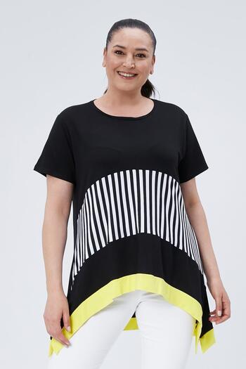 Ebsumu Plus Size Black Yellow Women's Blouse with Asymmetric Cut
