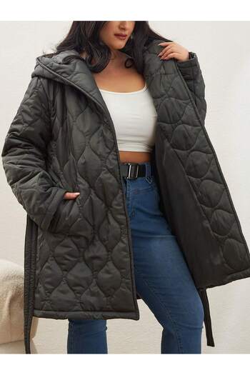 SERBA Cooked Pattern Self Hooded Large Size Quilted Coat