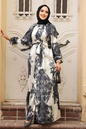 Neva Style Black Patterned Hijab Dress - 23157S
