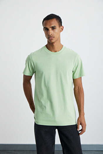 GRIMELANGE Michel Men's Slim Fit Slim Fit 100% Organic Cotton Side Sliding Stitched Basic Knitted Pistachio Green T-