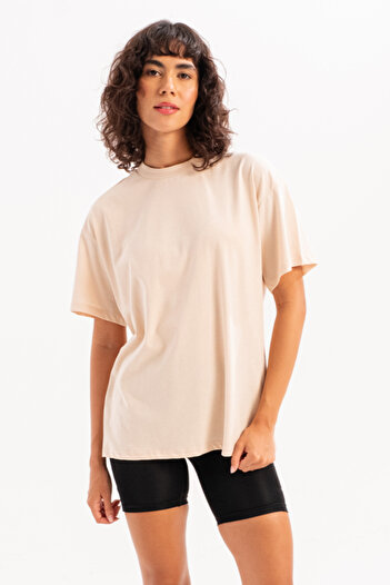 JUSTEVER Γυναικείο μπλουζάκι 100% βαμβακερό Oversize Fit Crew Neck Μπεζ - Halo