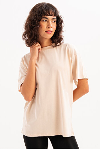 JUSTEVER Γυναικείο μπλουζάκι 100% βαμβακερό Oversize Fit Crew Neck Μπεζ - Halo