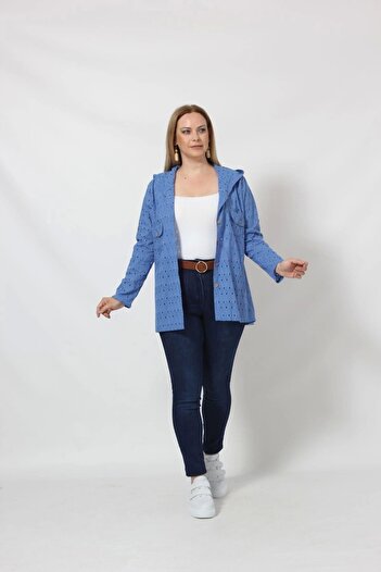 Moda Berray B029M Kapüşonlu Delikli Mevsimlik Ceket Mavi