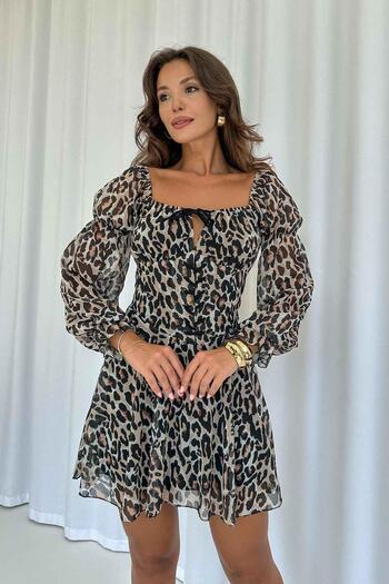 Mine Tan Butik Kare Yaka Uzun Kol Leopar Desenli Kadın Elbise