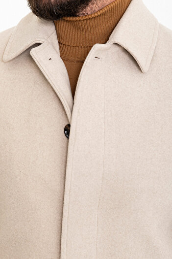 Mcr Plain Beige Slim Fit Shirt Collar Belted Stamped Men's Coat