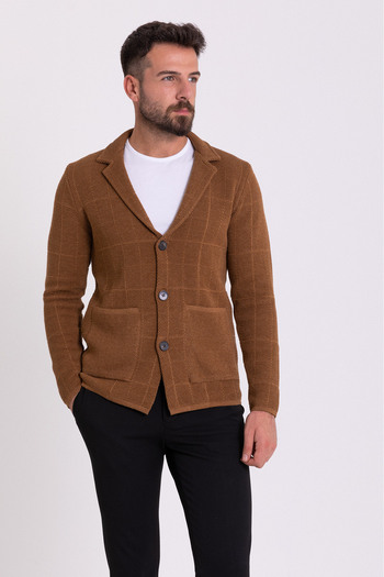 Mcr Checked Bag Pocket Slim Fit Men's Knitwear Jacket Camel - 11225.21K