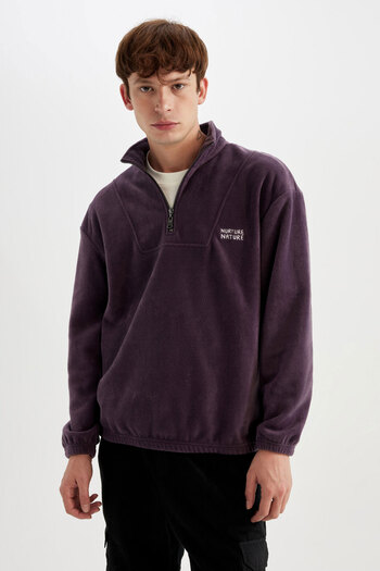 DeFacto Comfort Regular Fit Comfortable Fit Stand Collar Printed Fleece Sweatshirt
