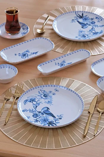 Glore Asian Blue Bird Gold Gilt 41 Pieces Ceramic Breakfast Set for 6 People