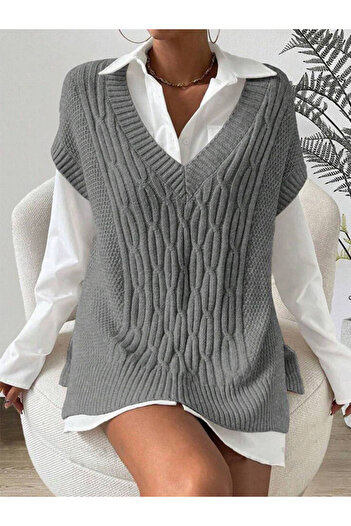YUGA KNİTTİNG Knitted Detail 75 cm Long Women's Sweater