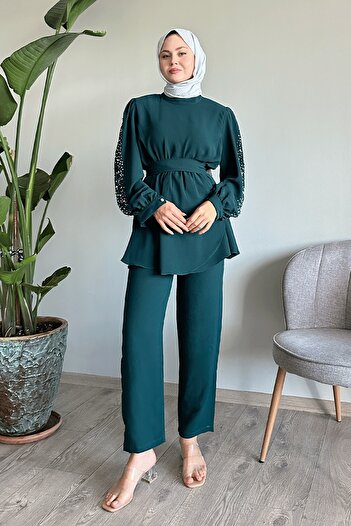 InStyle Emerald Green Suit with Pearl Sleeves and Gathered Waist