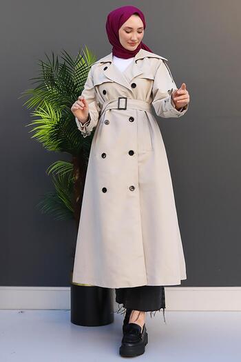 GİYZAMİLA Buttoned Double Breasted Trench Stone