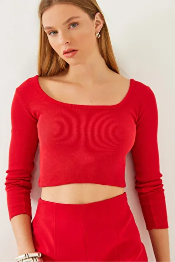 Bianco Lucci Women's Square Neck Long Sleeve Basic Crop Blouse 2405 60351046