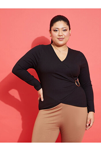 Sassafras By Styli Plus Rib Side Buckle Detail Long Sleeve Top