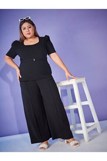 Sassafras By Styli Plus Puff Sleeve Belted Top & Bell Bottom Pants Co-Ords
