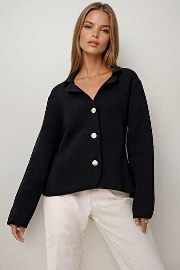 VAGGON Women's Black Pearl Buttoned Stitching Detailed Woven Knitwear Jacket Prm1150