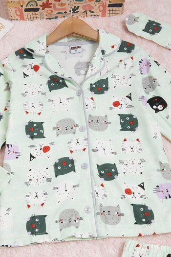Cansın Mini Cat Patterned Girl's Pajama Set 16326