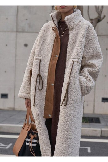 Toridas Plush Waist Lace-up Winter Women's Zippered Lined Furry Jacket