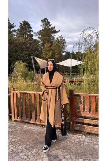 Aranlı tekstil Embroidered Bathrobe Type Belted Lined Women's Coat