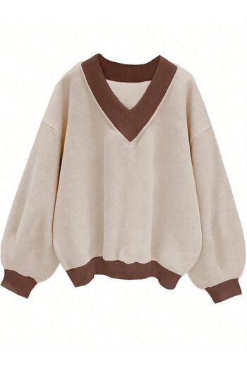 Know Women's 3 Thread Beige Plain V-Neck Oversize Sweatshirt