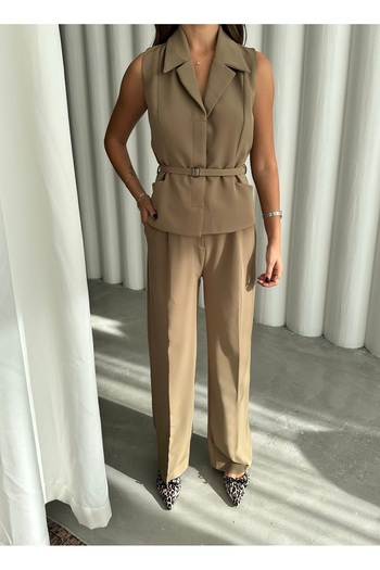 Laluvia Khaki Lucifer Belted Vest Trousers Set