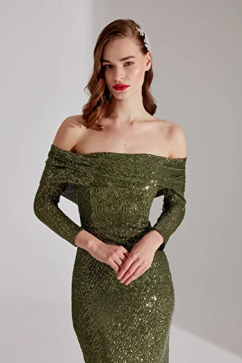 BETTY & SAM NATALIA Khaki Sequined Off-Shoulder Evening Dress - Pencil Skirt