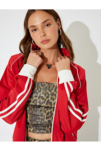 Koton X İnji - Zippered Stand Collar Stripe Detailed Pocket Back Printed Sweatshirt