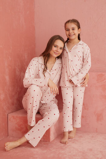 ELİTOL Ecru-Pink Striped Heart Patterned Front Buttoned Suede Pajama Set