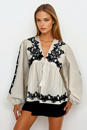 VAGGON Women's Ecru Embroidered Lace up Blouse Prm1163
