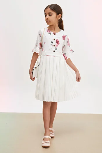 Cansın Mini Ecru Rose Patterned Short Sleeve Bag Girl's Pleated Dress 18194
