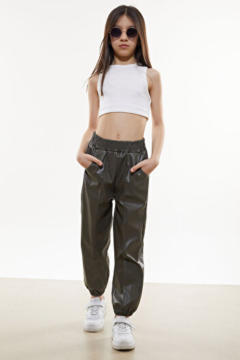 Cansın Mini Khaki Elastic Waist Jogger Model Girl's Leather Trousers 18052