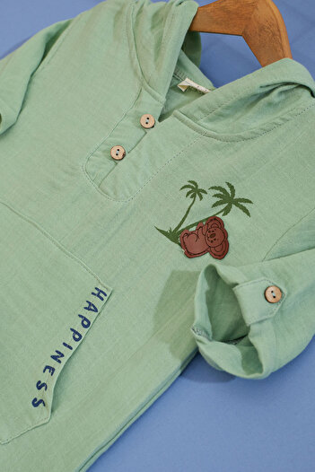 Cansın Mini Khaki Palm Printed Kangaroo Pocket Baby Boy Shorts Set 18518