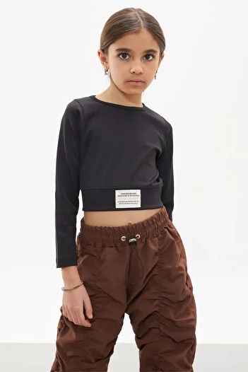 Cansın Mini Brown Stripe Stitched Girl's Parachute Trousers 18002