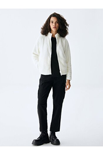 Ltb Plain Stand Collar Zippered Regular Fit Cream Cardigan