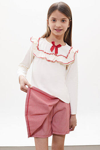 Cansın Mini Red Houndstooth Patterned Girl's Suit with Shorts, Skirts, Bow and Blouse 18266