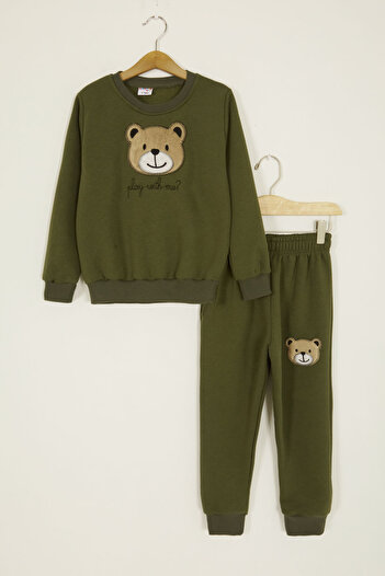 Cansın Mini Khaki Boy's Cute Teddy Bear Themed Raised 3 Thread Set of 2