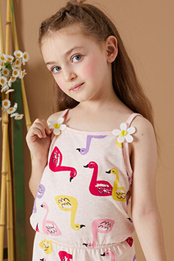 Cansın Mini Girl's Cream Swan Printed Summer Shorts Jumpsuit