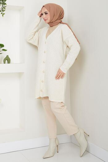 hafsamina Cream Knitwear Cardigan - Hm2587 with Gold Button Detail
